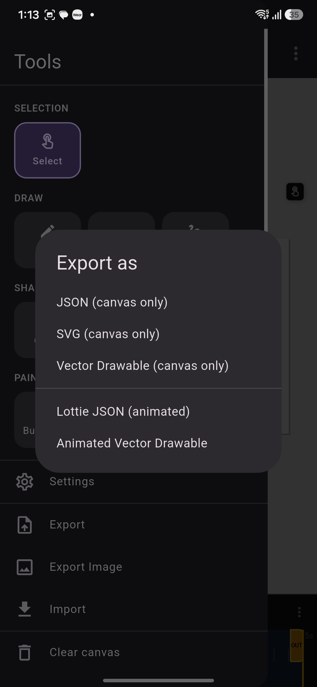 Vector Flow export menu with JSON, SVG, and Lottie options